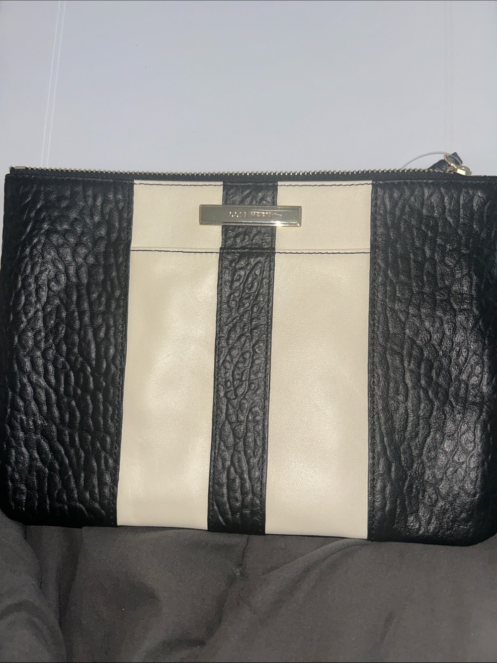 Cole Haan Black and Cream Vertical Stripe Leather Toiletry Pouch